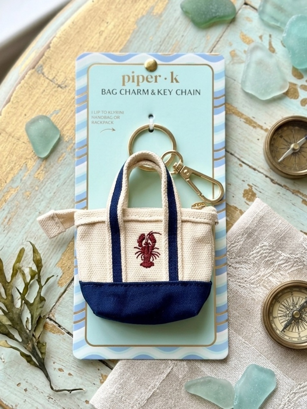 Piper K Mini Tote Bag Charm with Lobster Embroidery